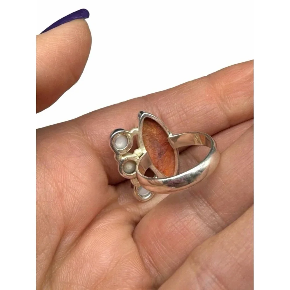 Orange Mohave Turquoise & Freshwater Pearl Ring Size 7 Solid 925 Sterling Silver
